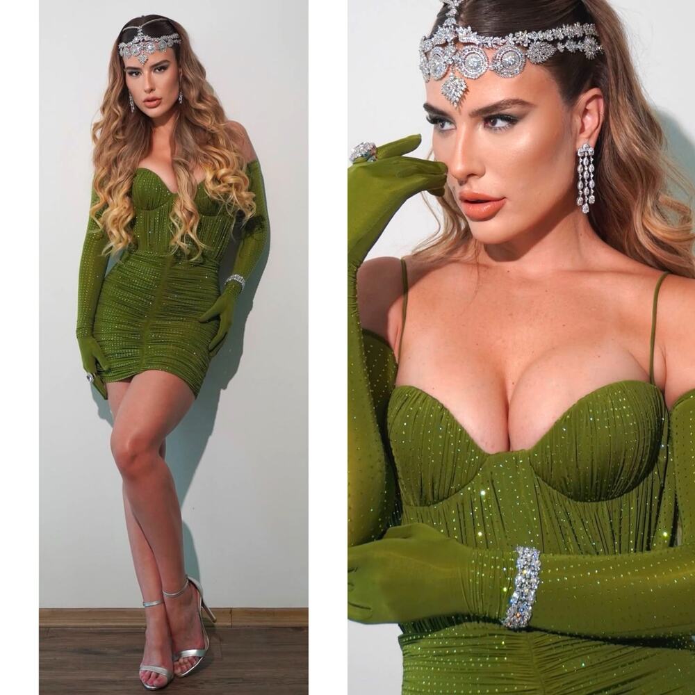 ALEX PERRY Sweetheart Ruched Crystal Jersey Bustier Fern Green Mini Dress Sz 6